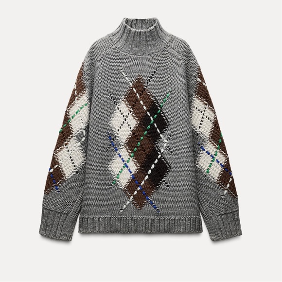 Zara Diamond Knit Sweater in grey marl, Size S - Picture 2 of 10